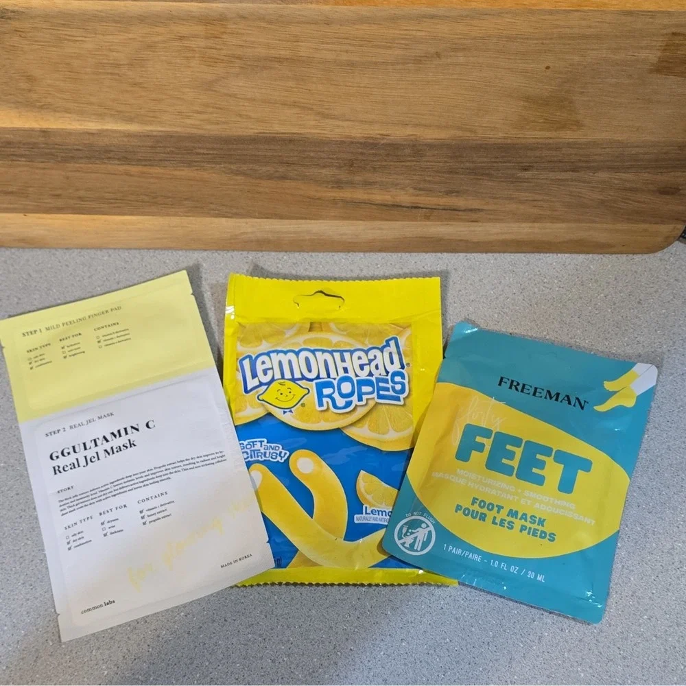 Lemon Theme Self Care Gift Basket w/ Candy, Candle, Scrub & Dish Towel